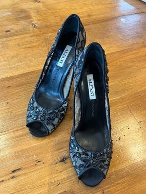 Alfani Black Lace & Jeweled Peep-Toe Heels size 6